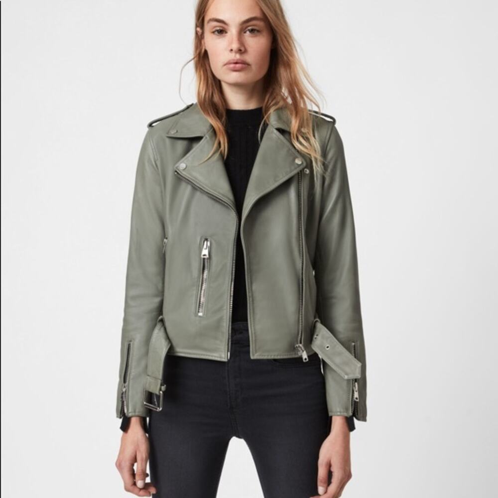 All Saints Green Leather Moto Jacket Size 2 Retails $589 NWT‎
